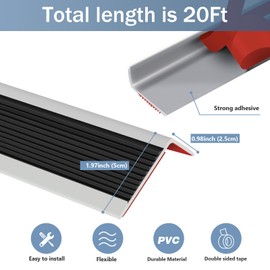 Pionasuicg Rubber Stair Edging Self Adhesive Staircase Step Edge Protector Vinyl Stair Nose for Outdoor & Indoor (20Ft, Black & Grey)