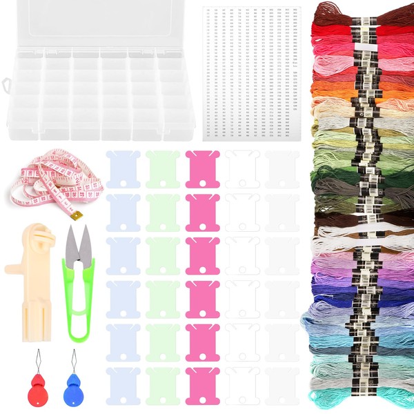Swpeet 156Pcs Floss Mixed Color Bobbins and Embroidery Floss Kit,