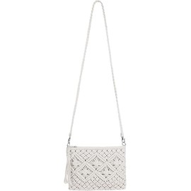 Dwellia Women's Boho Crocheted Purse Summer Beach Crossbody Bag, White, 10.2" L x 7.5" H, 3 Compartments, Hand-Crocheted Design, Tassel Charm