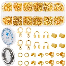 SOFPLATE 1 Box 1242Pcs Gold Crimp Beads Set Jewellery Making Kits Crimping Beads and Covers Including Crimp Cover Tubes Clasps Closures Wire Guardian Jump Ring for Bracelets Jewellery Finding Crafting