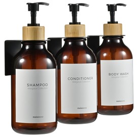 MaisoNovo Shampoo and Conditioner Dispenser - Shower Soap Dispenser Wall Mounted - 16.9 fl oz Set of 3 Amber Plastic Bottles Black Bamboo Pump - Shampoo Dispenser, Shower Dispenser 3 Chamber No Drill