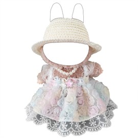 4-Piece Pastel Rose Lace Dress for 5.9-6.7"(15-17cm) Dolls,Includes Dress,Straw Hat,Rhinestone Pendant Pearl Necklace & Underwear-Designer Doll Clothes Recreating Classic Elegance