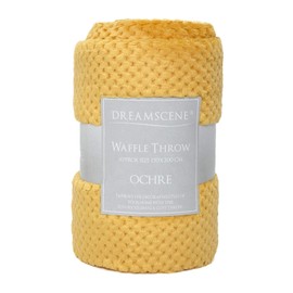 Dreamscene Luxury Waffle Mink Honeycomb Faux Fur Warm Throw Over Sofa Bed Soft Blanket, Mustard Yellow - 150 x 200cm