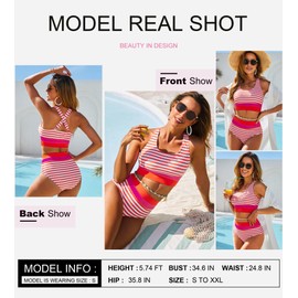 Dokotoo Women's Bikini Sets for Women High Scoop Neck High Waisted Two Pieces Swimsuits Color Block Striped Crop Padded Top Modest Bottom Bathing Suits(Medium, Orange)