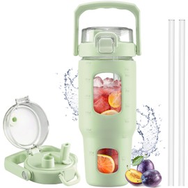 BLUEGO 32oz Glass Tumbler with Lid and Handle, Iced Coffee Cup with Straws, Glass Water Bottle with Silicone Sleeve and Volume, Marker Glass Cup with Time Marking, BPA Free, Green