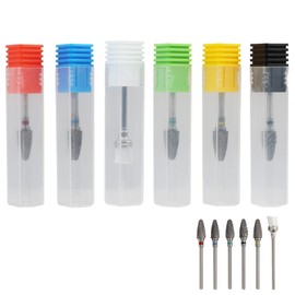 6 Pack 3/32" 5 in 1 Professional Carbide Nail Drill Bits Sets with Case, Tungsten Safety Drill Bits Tech Cuticle Bit Fast Remove for Manicurist Nail Salon Manicure Pedicure Gel Polishing (Round Head)