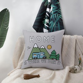 KUNQIAN Cushion Cover Campervan Aaccessories UK Gadgets Light Grey Gift for Motorhome Owners Caravan Camping Home is Where We Park it Throw Pillow Cover Decor Holiday Couch Bed Sofa 18"x18"(45x45cm)