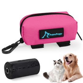 PuppyDoggy 1 Pack Poop Bag Holder for Dogs & Cats Waste Bag Dispenser Pouch with 1 Roll of Free Poop Bags - Dog Leash Accessory & Bicycle (Pink)