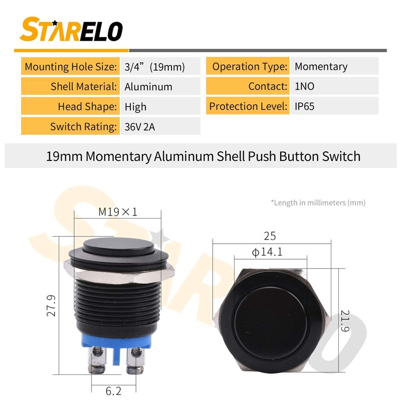 STARELO 19MM 3/4" Momentary Push Button Switch High Round 250V