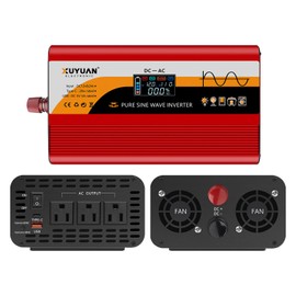 1500W Pure Sine Wave Inverter (3000W Peak), 12V/24V Auto-Detect, 50Hz/60Hz Switchable, LCD Display, Type-C Fast Charging, Silent Design, Overload & Overheat Protection for RV, Home (RED-1500W)