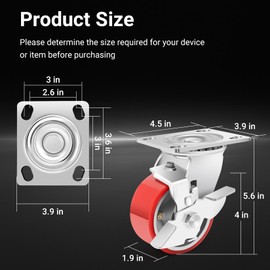 Nefish 4 Inch Industrial Grade Casters Wheels, Heavy Duty Aluminum Core PU Castor Set of 4, Durable Plate Swivel Casters with Brake 3200 LBS, Anti-Corrosion Wheels for Industrial, Machine