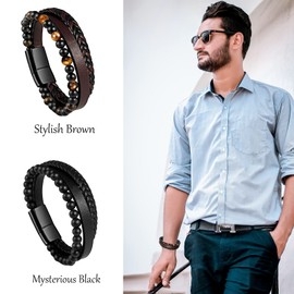 HOHOTANG Mens Leather Bracelet, Bracelets for Men Black and Brown 2 Pcs, Multi-Layer Braided Genuine Leather Bracelet, Birthday Christmas Bracelets for Father, Husband