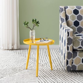 Kings Brand Furniture – Round Metal Side End Table, Nightstand Accent Table, Pedestal Plant Stand for Bedroom Living Room, Yellow