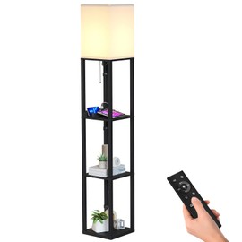 SUNMORY Shelf Lamp with Remote Control, Stepless Color Temperature & Dimmable, Floor Lamp with Shelves with 2 Usb Charging Ports and 2-Hole Socket, Solid Wood Tall Lamps for Living Room, Bedroom，Black