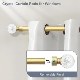 knobelite 4 Pack Gold Window Treatment Single Curtain Rods, Adjustable Curtain Rod from 22 to 48 Inches with Crystal Finial Finials,1-Inch Curtain Rods for Windows