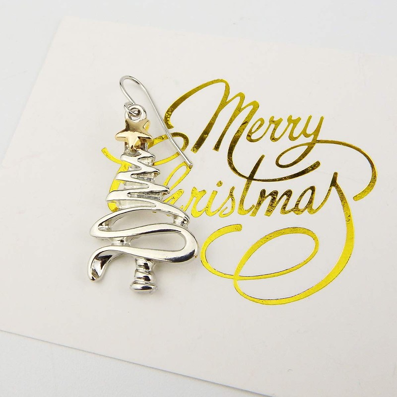Cute Christmas Tree Piercing Dangle Earrings Golden Silver Two Tone