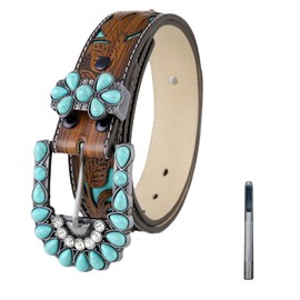 Feelorna Western Belt for Women, Vintage Embossed Engraved Leather Belt Adjustable Cowgirl Country Belt with Turquoise Buckle for Jeans Pants (Style A, 112CM)
