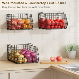 X-cosrack 2-Tier Stackable Wire Baskets with Wood Lids, Fruit Basket for Kitchen Counter, Wall-mounted Baskets for Potato and Onion Storage, Metal Baskets for Snack Produce Cans