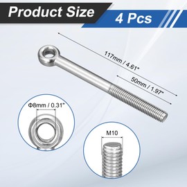 uxcell 4Pcs M10 x 110mm Lifting Eye Bolts, 304 Stainless Steel Machinery Shoulder Swing Bolt Lifting Ring Eyebolt for Pipeline Gate Valves, Building Steel Pipe Fasteners, Silver