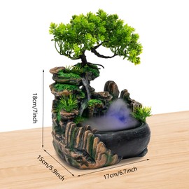 Tabletop Fountain Atomizing Desktop Humidifier, Led Atomizing Humidifier Fountain Decor with Rockery and Bonsai,Desktop Fountain Waterfall Desk Decoration for Living Room, Bedroom, Study, Office