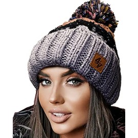 4sold Men's Women's Worm Winter Style Beanie Knitted Hat with Fur Bobble Hat Knitted Bobble Hat Plain Ski Pom Wooly with Full Cosy Fleece Lining, grey/black