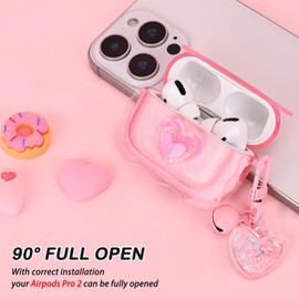 Glitter Case for AirPods Pro2 2022 with Love Bell Keychain, Sparkle Love Heart Design for Women Girls Wave Frame Soft TPU Protective Shockproof Skin Cover for AirPods Pro 2nd Generation (Clear Pink)