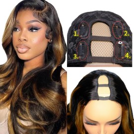 U Part Human Hair Wig Body Wave Highlight Wig #1b/30 Upgrade Human Hair Wig Ombre with Clips Brown Wigs for Black Women 180% Density No Leave Out Blonde and Brown Wig(20inch)