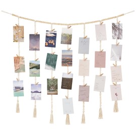 Mkono Macrame Hanging Photo Display Boho Wall Decor, Wooden Beads Garland Picture Card Collage Frame Holder with 45 Clips for Bedroom Living Room Dorm Teen Teenage Girls Gifts