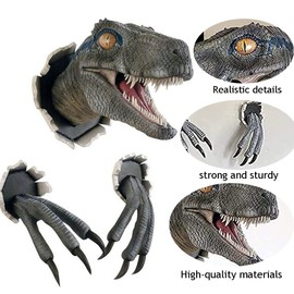 FSDADSA Dinosaur Head Wall Mounted Sculpture Decoration Burst Hanging Dino Tyrannosaurus Head Sculpture Wall Art 3D Sculpture for Home Decor (Blue)