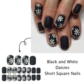 Black Press on Nails Short Square Fake Nails White Flower Stick on Nails Matte Glue on Nails Spring Summer Acrylic Nails Full Cover Artificial False Nails Reusable Nails Kit for Women Girl 24Pcs