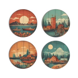 4-Piece Big Size Unique Wall Art Set, Vintage Wall Art, Wooden Handmade Textured Wall Painting, Wall Decor, for Living Room, Dining Room, Lobby Bedroom Hotel Office Kitchen, Ready to Hang