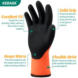 Kebada T3 Winter Work Gloves for Men and Women, Warm Knit Cold Weather Work Gloves, Thermal Insulated Freezer Gloves, 100% Latex Coating Non-slip Grip, Long Wrist Design, 3 Pairs, Orange, Large