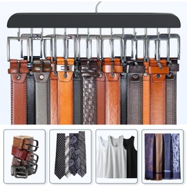 DIRXVMC Belt Holders Belt Storage with 14 Hooks Belt Hanger for Closet Max 42 Belts 360° Rotatable Space-Saving Belt Organiser for Belts and Ties (Black-2pcs)