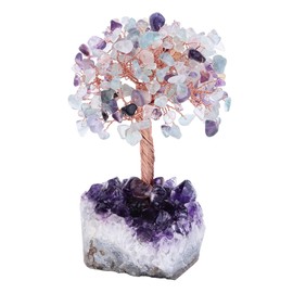 Cheungshing Healing Crystals Money Tree with Natural Amethyst Base, Crystal Stone Feng Shui Bonsai Figurines Tree of Life Decoration for Home Table Office, Fluorite