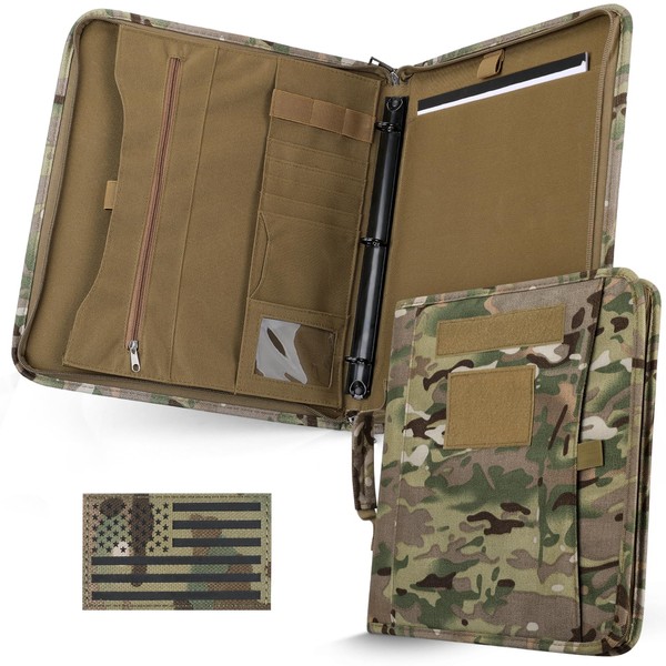 LIVANS Tactical Notebook Portfolio Padfolio Ring Binder with Zipper, Army