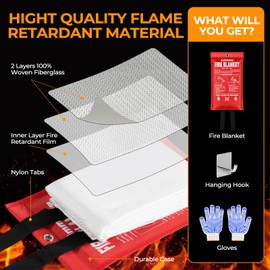 Juimma Emergency Fire Blanket for Home and Kitchen, 40" x 40" Fire Suppression Blanket with Gloves and Hooks, Extinguisher Blanket for Home Kitchen School Grill Car Office Warehouse, 2 Packs