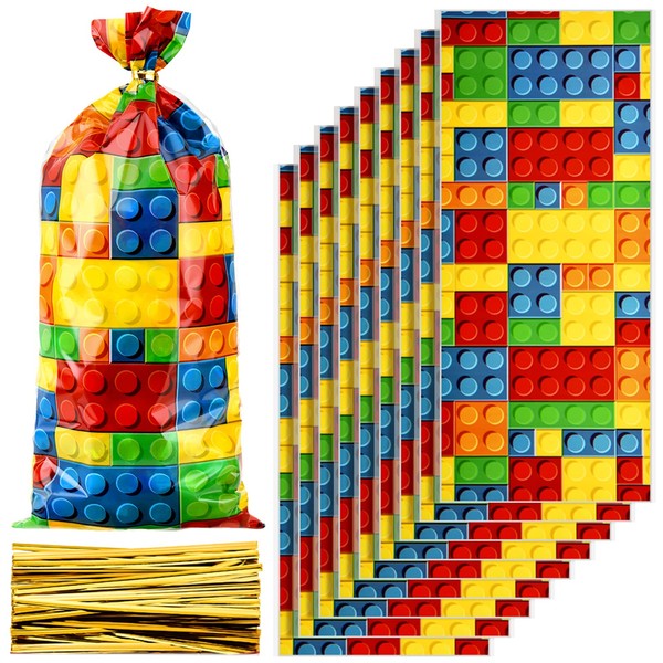 Outus 100 Pieces Building Blocks Cellophane Bags Plastic Goodie Candy Treat favors Bags with 200 Gold Twist Ties for Kids Building Brick Block Themed Birthday Party Supplies Decorations
