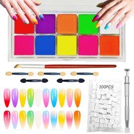 cgllwnmix Pigment Powder for Nails Set 10 Colors Nail Pigment Powder for Ombre Nail Art, with 100pcs Nail Sponges with Grabbing Pen, Ombre Nail Brush, 5 Sponge Sticks, DIY Manicure Tools