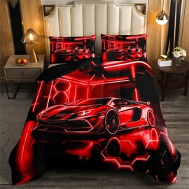 Feelyou Speed Sports Car Comforter Set Full Size Kids Race Car Honeycomb Bedding Set for Boys Girls Teens Racing Car Comforter Breathable Extreme Sports Duvet Set Red Black Quilt Set