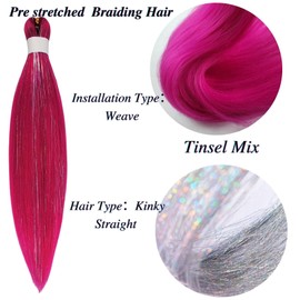 Tinsel Kids Braiding Hair Pre stretched Magenta Pink Braiding Hair for Glitter Braids Festival Braids