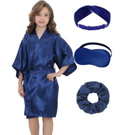 EPLAZA Kids Girls Satin Robe with Hair Band Eye Mask for Birthday Spa Bridal Party Flower Girls Wedding Robes Kimono (Navy, Tag 10)