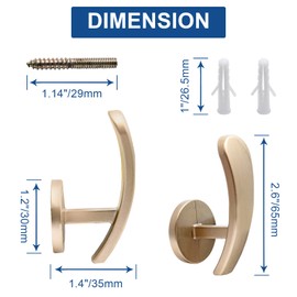 Rierdge 4 Pack Brass Gold Curtain Tieback Hooks, Curtain Holdback Hooks for Wall Mounted, Decorative Hooks Drapery Tiebacks with Screws (4 Pack Brass Gold)