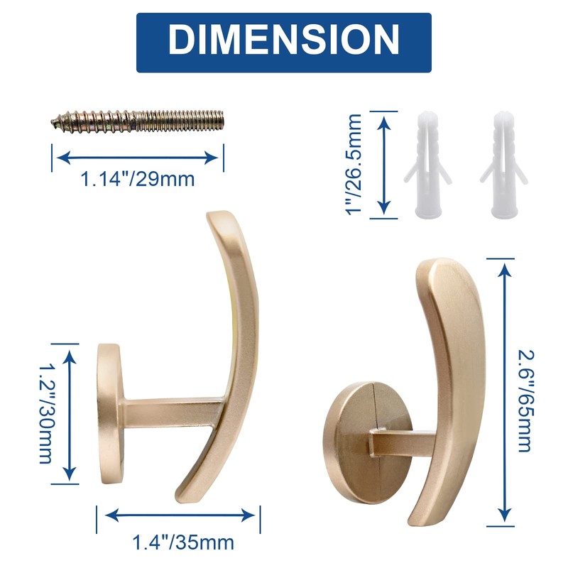 Rierdge 4 Pack Brass Gold Curtain Tieback Hooks, Curtain Holdback