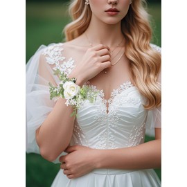 White Rose Boutonniere and Cosrage Set - Greenery Wrist Corsges and Boutonnieres for Woodland Wedding Groom Bride, Forest Corsage Wristlet and Rustic Boutonniere for Party Anniversary