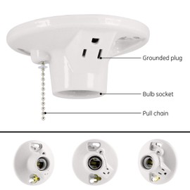 UltraPro Porcelain Lampholder with Outlet and Pull Chain, 2 Pack, Medium Base, Grounded Plug, Indoor Lighting, 3-Prong, Mount on 3-1/4” or 4” Box, UL Listed, White, 54601