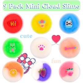 9 Pack Mini Cloud Slime Kit,with Peach and Cute Frog Charms,Scented DIY Slime Supplies for Girls and Boys,Stress Relief Toy for Kids Education,Party Favor,Gift and Birthday,Candy Bag Packaging