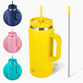 FAHRMOSIS 64 Oz Tumbler with Handle and Straw | Stainless Steel Vacuum Insulated Tumbler for Hot & Cold Drinks | Double Insulated Tumbler Reusable Water Bottle with Straw - Yellow