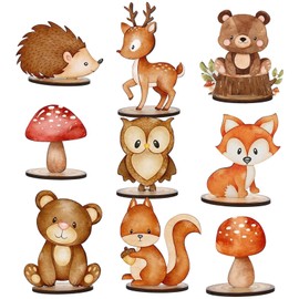 FYSUIMU 9Pcs Forest Animal Wood Table Sign Wooden Animal Mushroom Cutouts with Base Cute Tiered Tray Decor for Farmhouse Birthday Baby Shower Home School Office