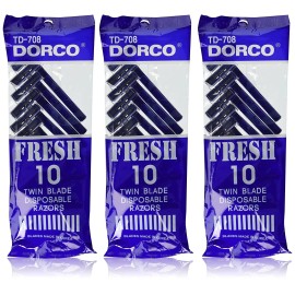Dorco 3 PACK -30 count Dorco Blue Twin Blade Disposable Razors For Men TD-708
