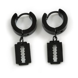 Edgy Black-Tone Razor Blade Earrings – Hoop Huggie Earring for Men/Women/Unisex - 13mm Hoop/ 30mm Total Drop